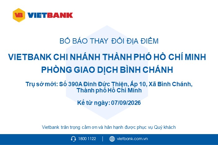 BỐ CÁO THAY ĐỔI ĐỊA ĐIỂM VIETBANK BÌNH CHÁNH