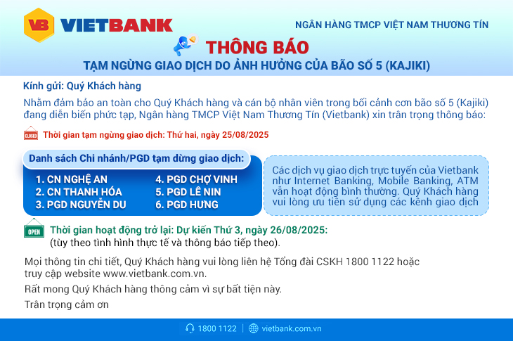 THÔNG BÁO V/v: TẠM NGỪNG GIAO DỊCH DO ẢNH HƯỞNG CỦA BÃO SỐ 5 (KAJIKI)