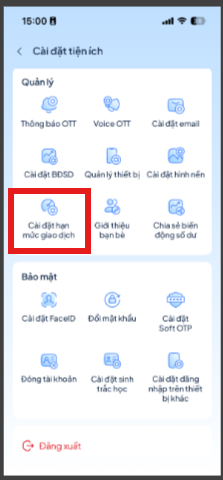 Bước 2: KH chọn chức năng &ldquo;C&agrave;i đặt hạn mức giao dịch&rdquo;
