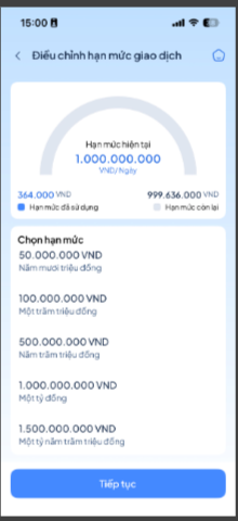 Bước 3: Chọn/Nhập hạn mức mong muốn => Bấm &ldquo;Tiếp tục&rdquo;